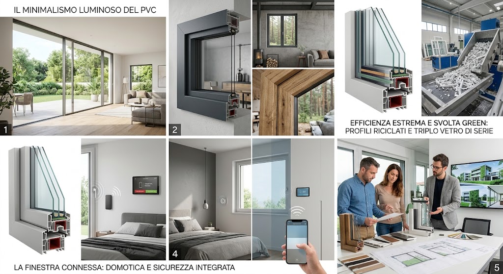 Infografica PVC 2026: minimalismo luminoso, profili riciclati, triplo vetro e finestra connessa