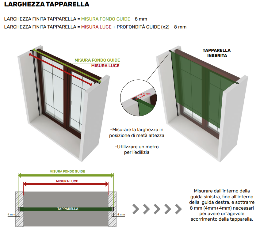 Larghezza tapparella: misura fondo guide o misura luce, con gioco 4 mm per lato